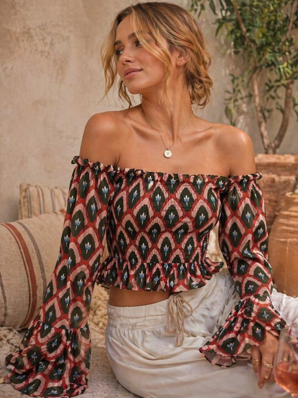 NWT Anthropologie Hutch Off Shoulder Smocked Crop Top Boho Large